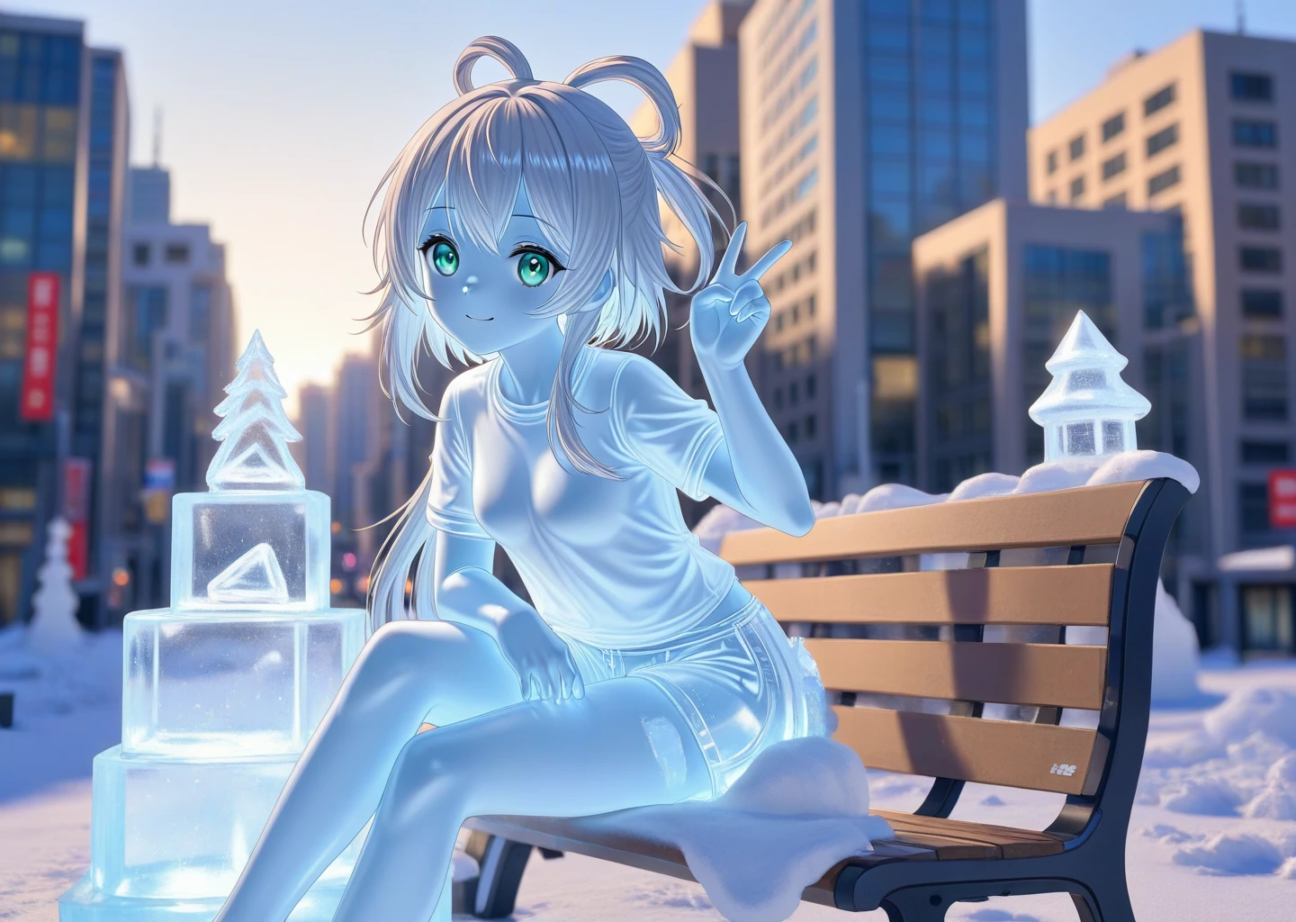 ice sculpture,1girl,masterpiece,best quality,beautiful,city,center park,ice shirt,ice shorts,ice figure,luo tianyi,ice skin,sitting on bench,v,smile
