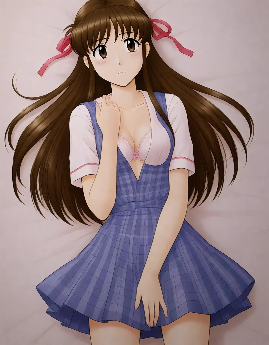 <lora:Hyper-SDXL-8steps-lora:1>, source_anime, score_9,1girl,solo
<lora:Anime_pat-000002:0.3>
white background, shy,nose blush,
<lora:KATSURAGI_ayane_PONYXL:0.7> KATSURAGI_ayane,brown hair, brown eyes, long hair,plaid, hair ribbon,, lying,,(white bra:1.3),(white panties:1.3),