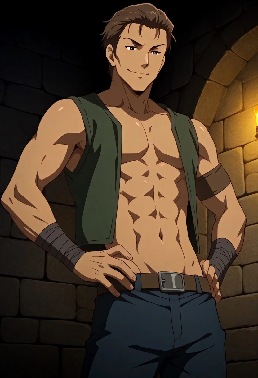 ((masterpiece)), ((best quality)), ((ultra-detailed)), ((absurdres)), score_9_up, score_8_up, score_7_up,
HD, top quality, best quality, amazing quality, High-quality illustrations, anime screencap, source_anime, best aesthetic, perfect proportions, perfect eyes, 1boy, 1male, solo boy, solo male, male focus, solo male focus, Anime, boy, male anime character, anime boy, handsome, sexy, cute, charming, ((tall body, tall height)), ((lean body, toned body, hunk, slim waist)), Hicks, brown hair, slicked back hair, dark brown eyes, brown skin, sleeveless green vest, open vest, wristbands, armband, belt, blue pants, brown boots, ((smug smile, smirk)), ((cowboy shot, head to hips shot)), ((medieval dungeon, dark dungeon, torches))