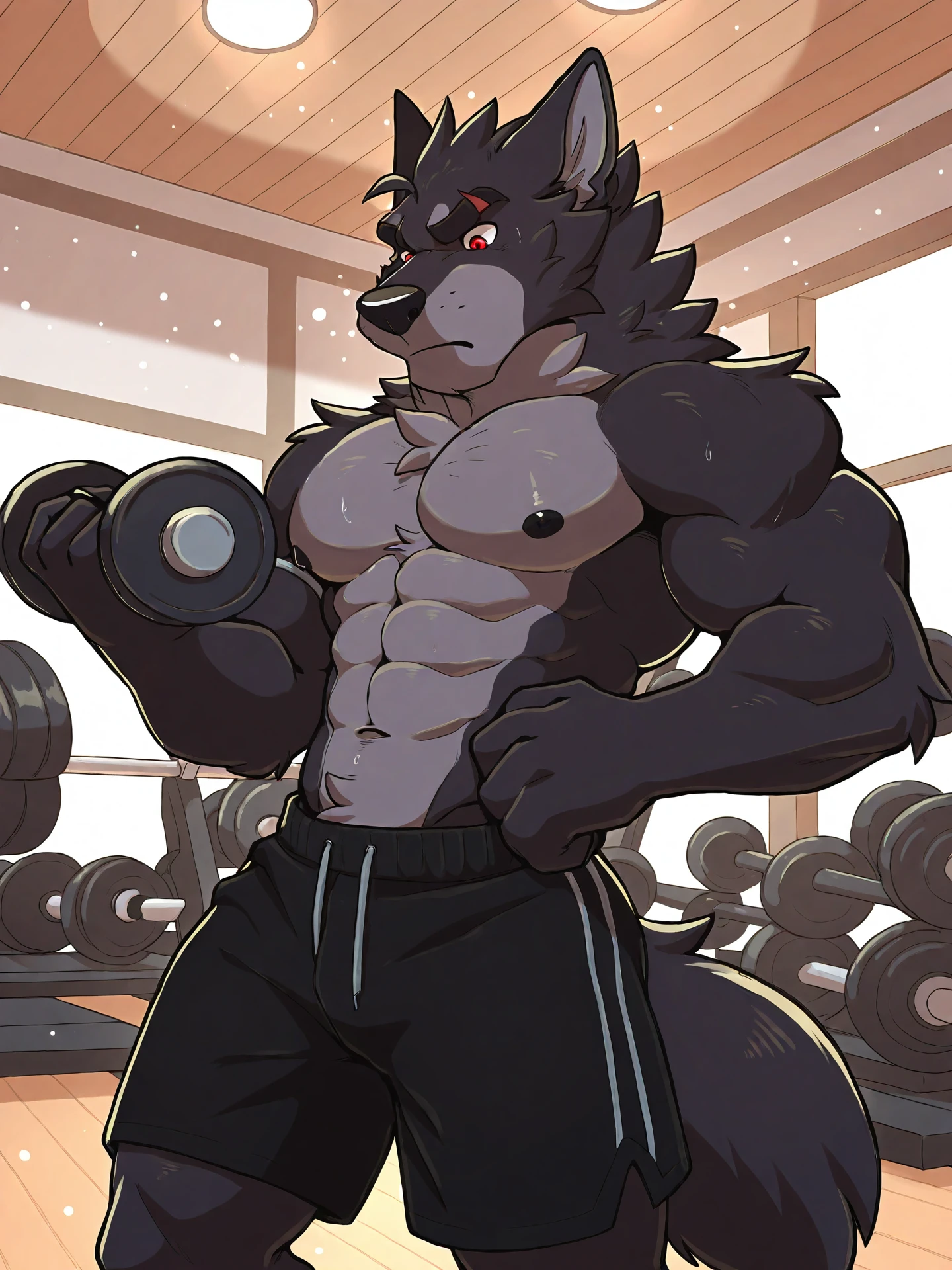 Toned muscular werewolf entering a locker room with 4 other wolves