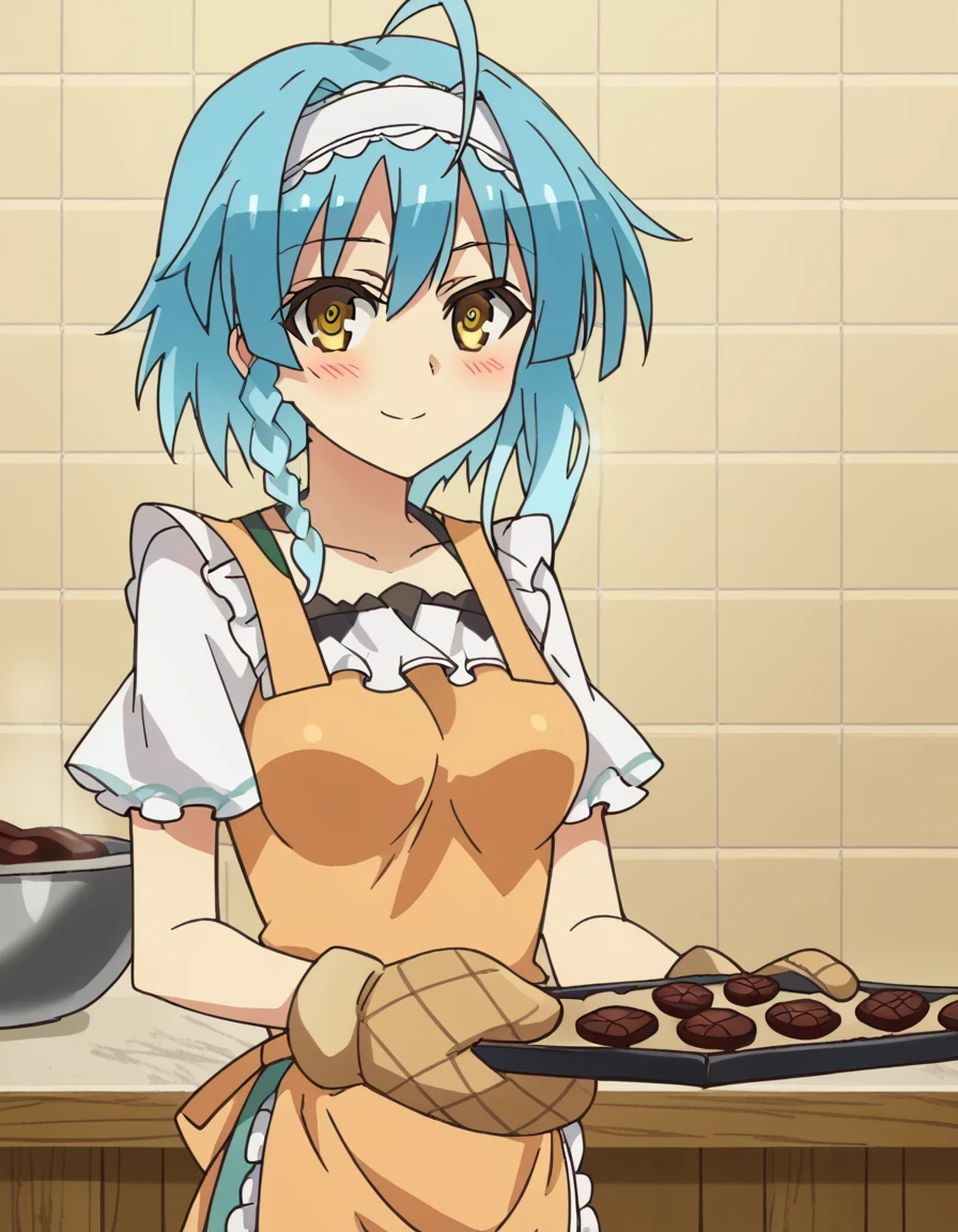 score_9, score_8_up, score_7_up, source_anime, <lora:yuki-nonaka-s2-ponyxl-lora-nochekaiser:1>, yuki nonaka, long hair, short hair, blue hair, yellow eyes, braid, ahoge, hairband, side braid, medium breasts, anime screencap,, <lora:baking-cookies-ponyxl-lora-nochekaiser:1>, baking cookies, looking at viewer, blush, smile, gloves, holding, frills, food, indoors, apron, chocolate, cookie, oven mitts,, , cowboy shot, solo