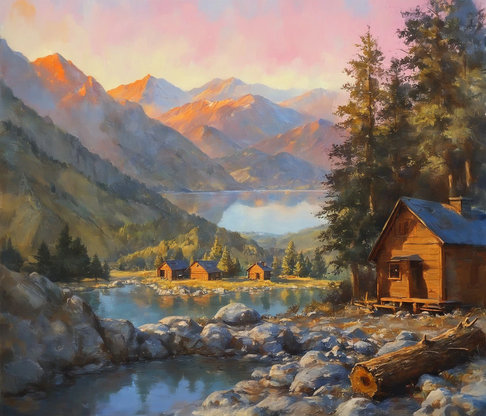 Painting of a cabin by a lake with mountains in the background - SeaArt AI
