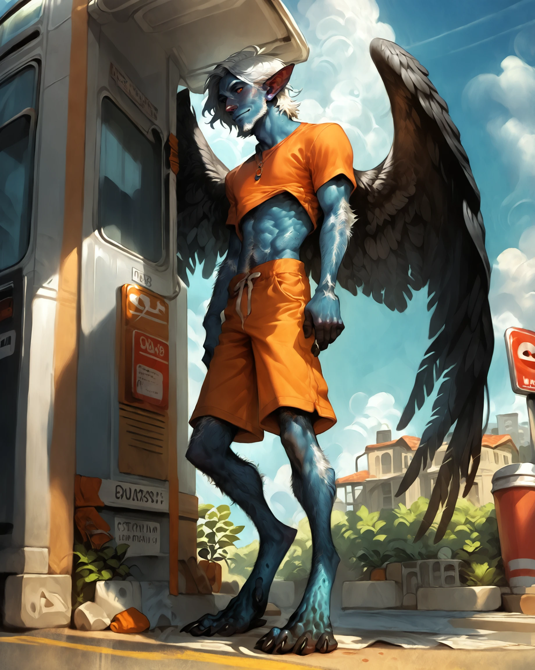 score_9, score_8_up, score_7_up, intricate details, rating_questionable,
<lora:CALM_PonyXL_4image_125steps:0.7>, calm style, source_cartoon, source_western,
<lora:Strix:0.7>,
1boy, solo, str1x, shorts, blue skin, black wings, white hair, digitigrade feet with claws, hairy forearms, hairy legs, standing at bus stop,
<lora:ral-chrosc-clr:0.7>, ral-chrosc-clr,
<lora:Expressive_H:0.5>, Expressiveh,
<lora:xl_more_art-full_v1:0.3>,
<lora:add-detail-xl:0.3>