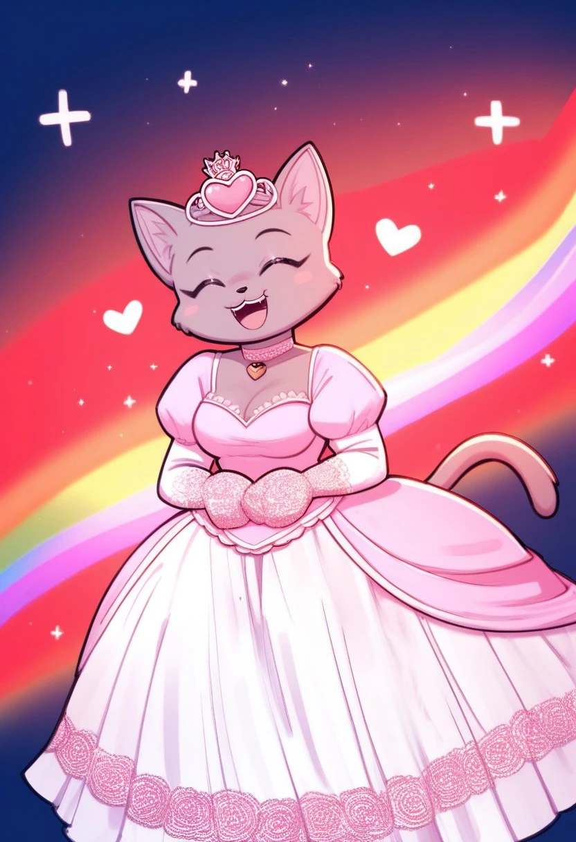 score_9, score_8_up, score_7_up, score_6_up, score_5_up, score_4_up, solo, fox ears, 1girl, one tail, nyan cat, pop-tart, rainbow trail, rainbow on background, russian blue, black eyes, cat tail, cat, anthro, wedding dress, lace trim, choker, necklace, long dress, lace gloves, juliet sleeves, long sleeves, opened mouth, closed eyes, happy, smile, hearts, FurryDalle, cartoon, toony, masterpiece, insane quality, highly detailed, crown on head