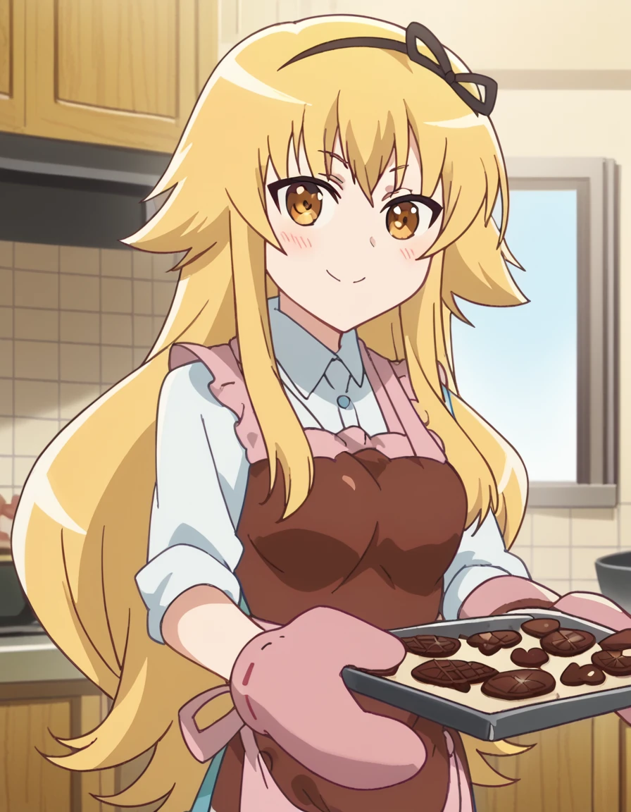 score_9, score_8_up, score_7_up, source_anime, <lora:konoha-suetsugi-s1-ponyxl-lora-nochekaiser:1>, konoha suetsugi, long hair, blonde hair, yellow eyes, hairband, hair flaps, medium breasts, anime screencap,, <lora:baking-cookies-ponyxl-lora-nochekaiser:1>, baking cookies, looking at viewer, blush, smile, gloves, holding, frills, food, indoors, apron, chocolate, cookie, oven mitts,, , cowboy shot, solo