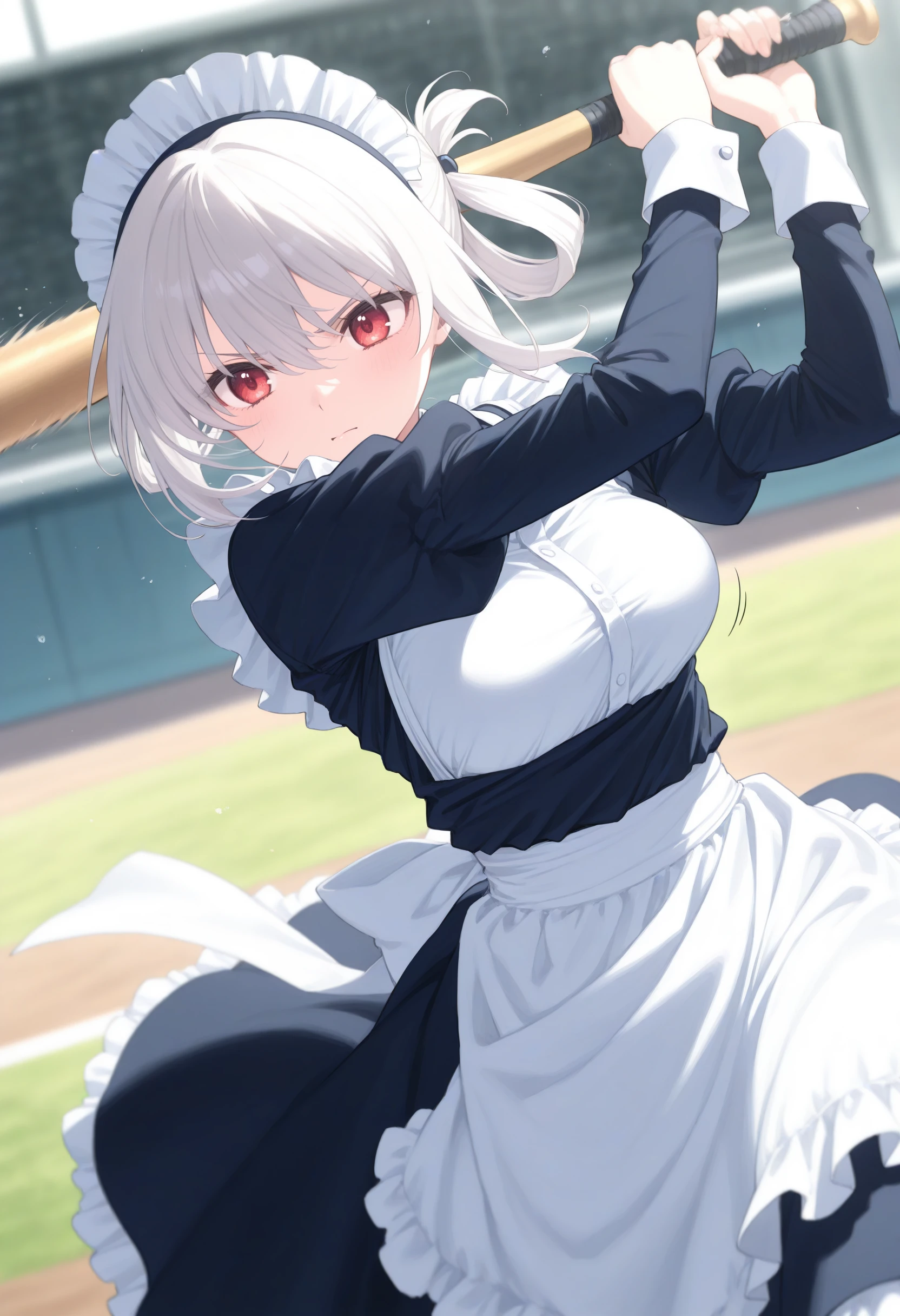 1girl,(sho \(sho lwlw\):0.7),(toosaka asagi:0.5),(sincos:0.3),solo,
masterpiece, best quality, newest, absurdres, CG, anime, source anime, illustration,
maid, maid headdress,medium breasts,
batting stance, baseball bat, baseball, holding baseball bat, motion lines, motion blur, <lora:battingstance_Illust_v2:0.8>, determined,
from side, cinematic angle, looking ahead, white hair, red eyes,closed mouth, hair rings hair,,