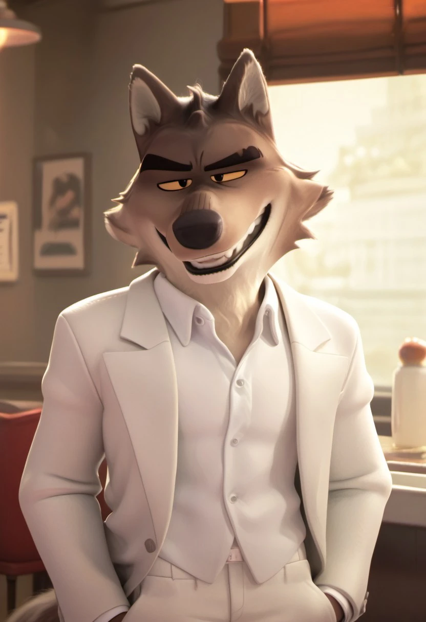 score_9_up, score_8_up, score_7_up, high quality, detailed, male, solo male, MrWolf, 1boy, mature male, anthro, wolf, grayish brown body, black eyes, yellow sclera, colored sclera, animal ears, broad shoulders, athletic build, light underbelly, thick eyebrows, standing, half body, indoors, looking at viewer, smiling, half lidded eyes, white shirt, cream colored suit, hands in pockets, suave, volumetric lighting, masterpiece