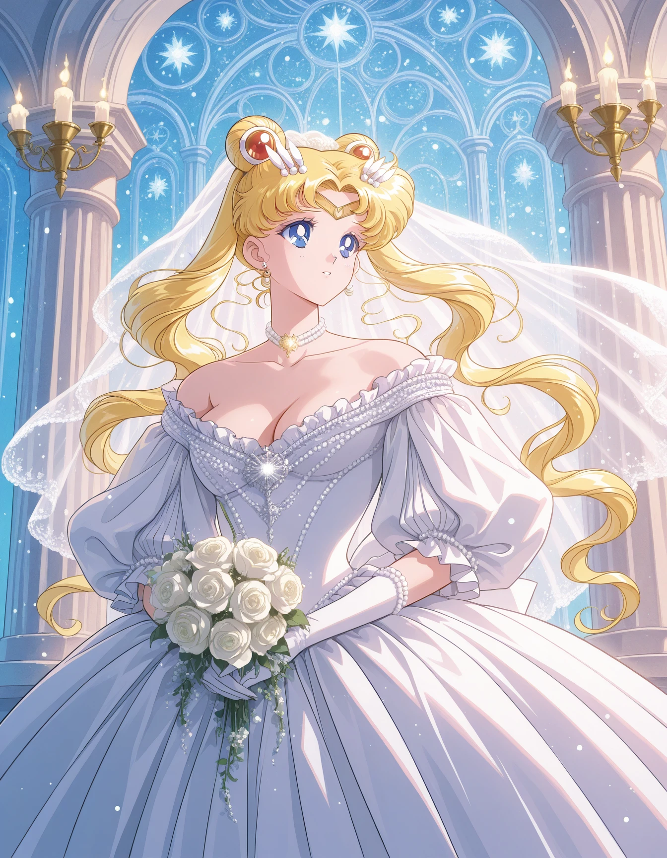 1girl, solo, outdoors, abstract background, sailor moon, chandeliers, bridal veil, holding bouquet, hands in lap, white lace, frills, sparkling, gem, pearls, curls, puffy sleeves, off-shoulder, baroque, pearl choker, pearl earrings, elegant, complicated, ornate, <lora:MITIMChristine-ILXL2025-01-26_20-17-26-save-294-42-0:0.8> standing, pose, looking away, <lora:Style_shiiro0-SailorMoon-ILXL:1> S4ilor_style_illu, Dreamy Atmosphere, Ethereal Lighting, Whimsical, Enchanted masterpiece, best quality, very aesthetic, newest