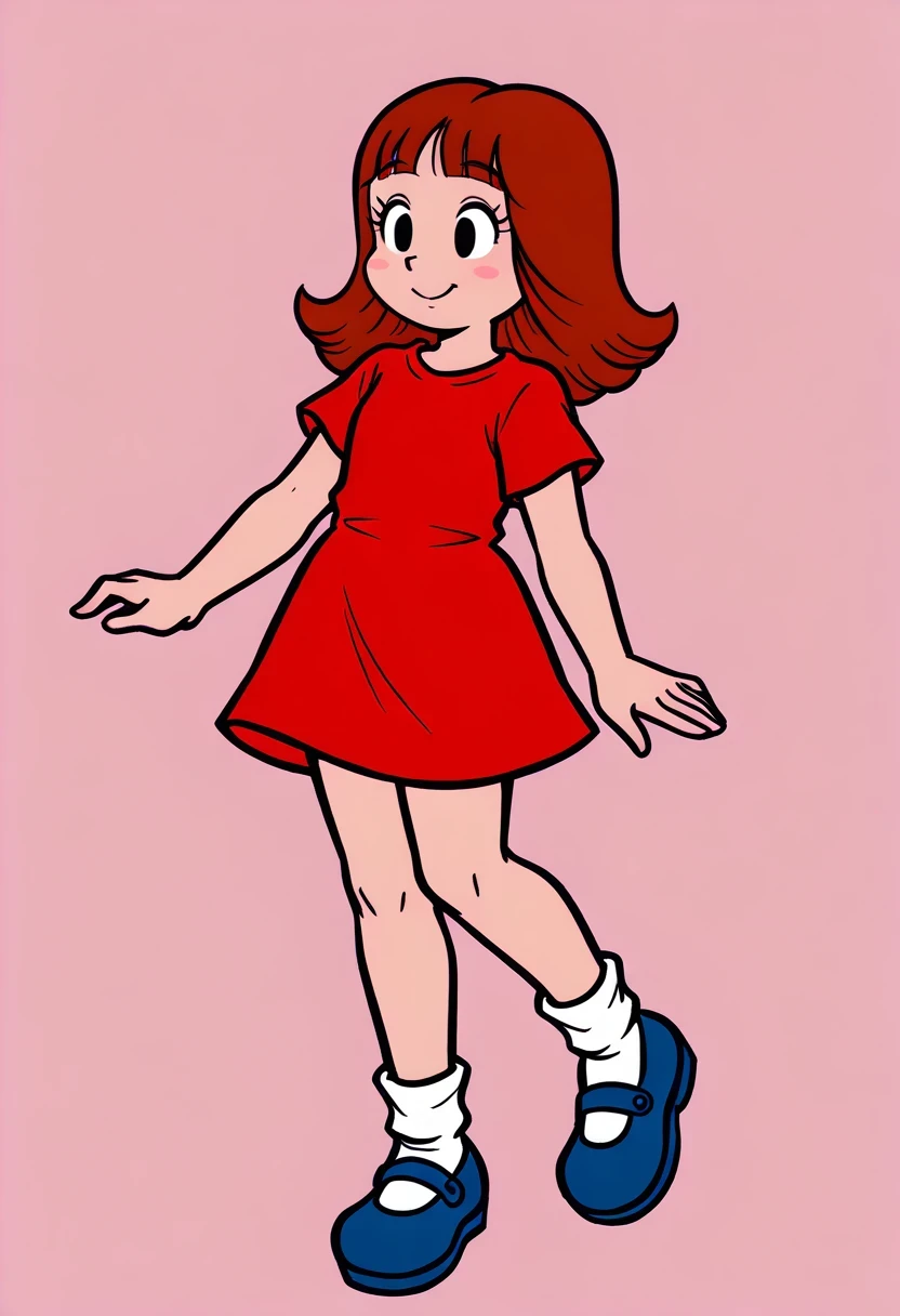 TatiTDM, 1girl, coppery hair, red-brown hair, red short sleeve shirt, blunt bags, white socks, blue mary janes, black eyes, short, solo, full body,