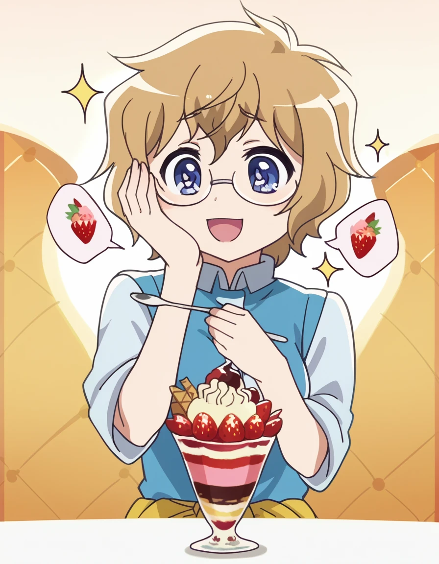 score_9, score_8_up, score_7_up, source_anime, <lora:mayura-momouchi-s1-ponyxl-lora-nochekaiser:1>, mayura momouchi, short hair, blue eyes, blonde hair, brown hair, glasses, medium breasts, anime screencap,, <lora:parfait-ponyxl-lora-nochekaiser:1>, parfait, open mouth, heart, food, sparkle, fruit, happy, hand on own face, spoken heart, ice cream, strawberry, spoon, hand on own cheek, cherry, holding spoon,, , cowboy shot, solo