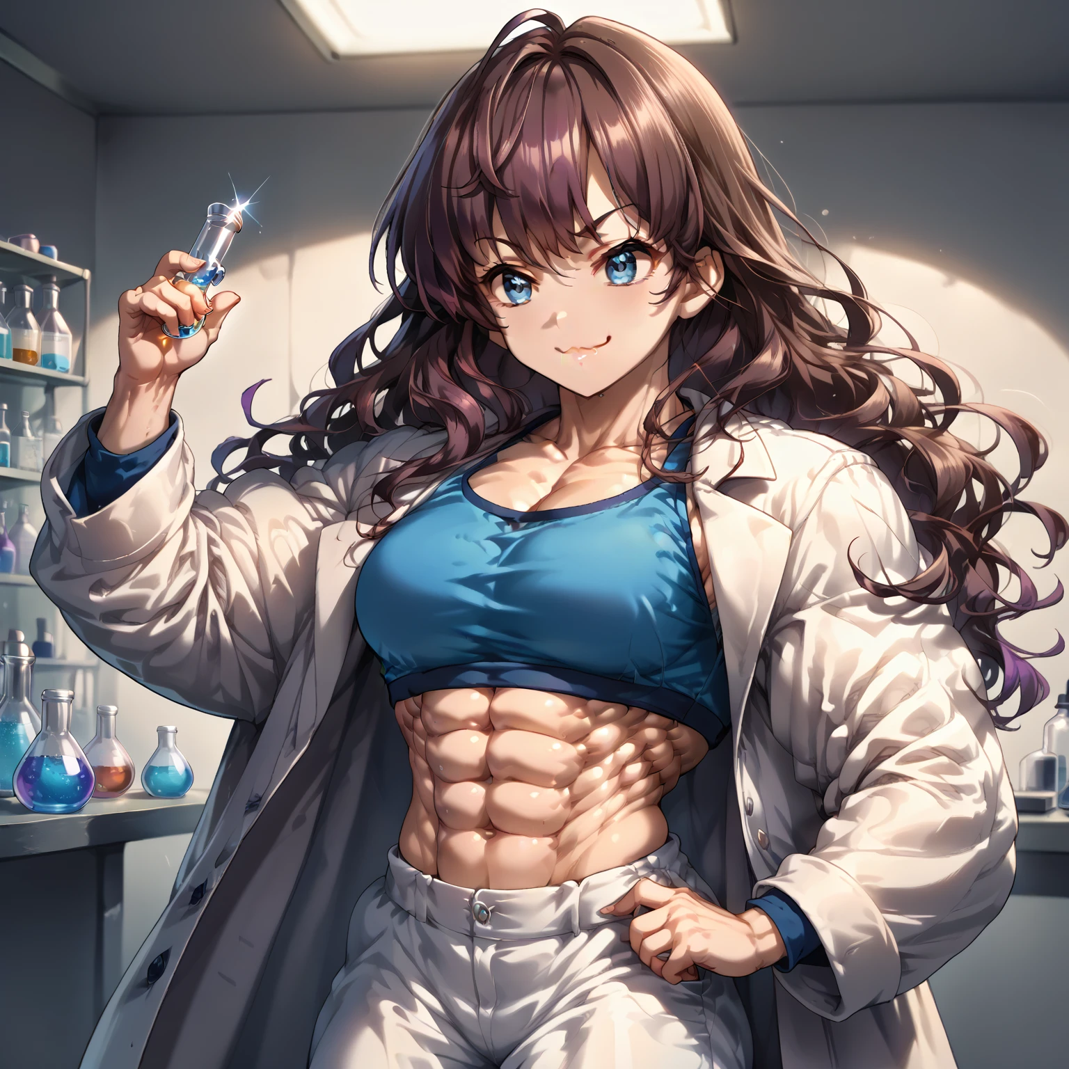 1girl,
lab, white lab coat, crop top, white pants,
holding vial, smug,
<lora:Rock_Hard_Muscles_Pony:0.8> rock-hard, big muscles, muscular female, detailed abs, super abs
<lora:ichinoseshiki_ponyXLV6:0.8> cgisk,purple hair + brown hair,long hair,wavy hair,blue eyes,, score_9, score_8_up, score_7_up, source_anime,