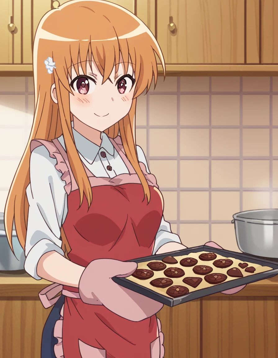 score_9, score_8_up, score_7_up, source_anime, <lora:benio-yonomori-s1-ponyxl-lora-nochekaiser:1>, benio yonomori, long hair, brown hair, brown eyes, medium breasts, anime screencap,, <lora:baking-cookies-ponyxl-lora-nochekaiser:1>, baking cookies, looking at viewer, blush, smile, gloves, holding, frills, food, indoors, apron, chocolate, cookie, oven mitts,, , cowboy shot, solo