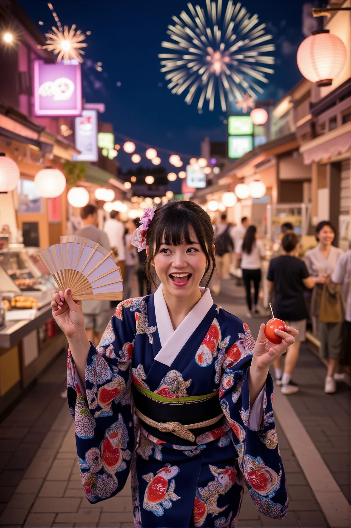 A waifu dressed in a deep indigo yukata, patterned with golden koi, stands in the middle of a bustling summer festival. She clutches a delicate fan in one hand while her other holds a candied apple. The glow of paper lanterns, neon festival signs, and dazzling fireworks above illuminate her excited expression. Laughter echoes from the game stalls as the energy of the natural elementsâwind ruffling her obi, the crackle of sparklers, and the aroma of sizzling yakitoriâsurrounds her in an unforgettable cinematic festival scene.
<lora:anime-waifu-flux:1>