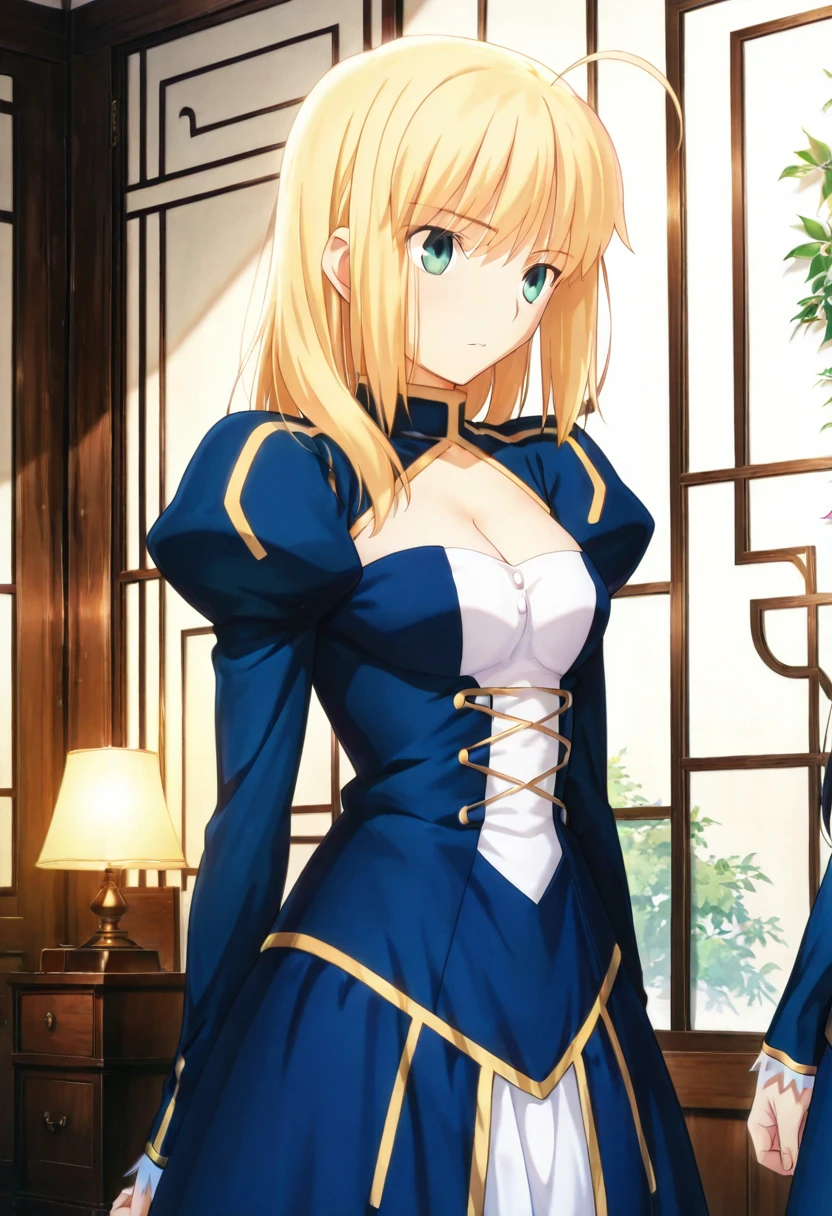 masterpiece, best quality, absurdres, detailed skin, detailed face, detailed eyes, anime colored, anime screencap, anime colored,
<lora:Artoria_Pendragon:0.8>, artoria pendragon, 1 girl, hair down, long hair, blue dress, puffy sleeves, cleavage,
cowboy shot,