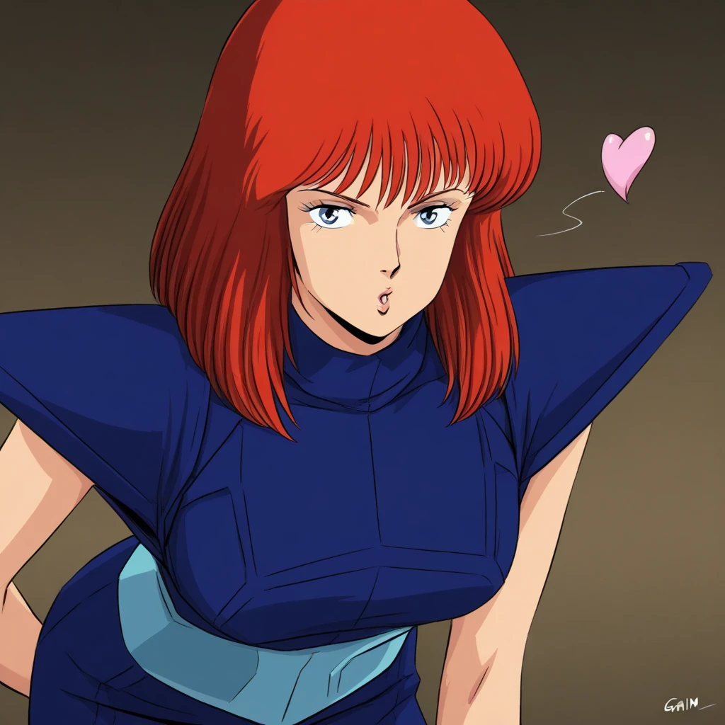 gaw ha leccee, gaw_ha_leccee, l-gaim, red hair, blue eyes, medium hair, blue outfit, large breasts, 1girl, solo, leaning forward, blowing kiss
