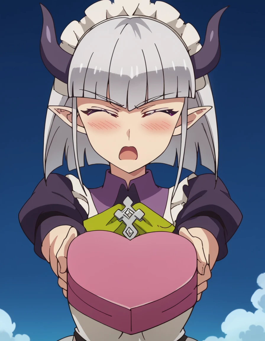 score_9, score_8_up, score_7_up, source_anime, <lora:maoutestament-lucia-s2-ponyxl-lora-nochekaiser:1>, maoutestament lucia, short hair, bangs, grey hair, horns, pointy ears, demon horns, purple eyes, large breasts, anime screencap,, <lora:heart-shaped-box-ponyxl-lora-nochekaiser:1>, heart-shaped box, holding, box, gift, valentine, incoming gift, closed eyes, blush, open mouth, outstretched arms, outdoors, night sky, clouds, shouting,, , cowboy shot, solo