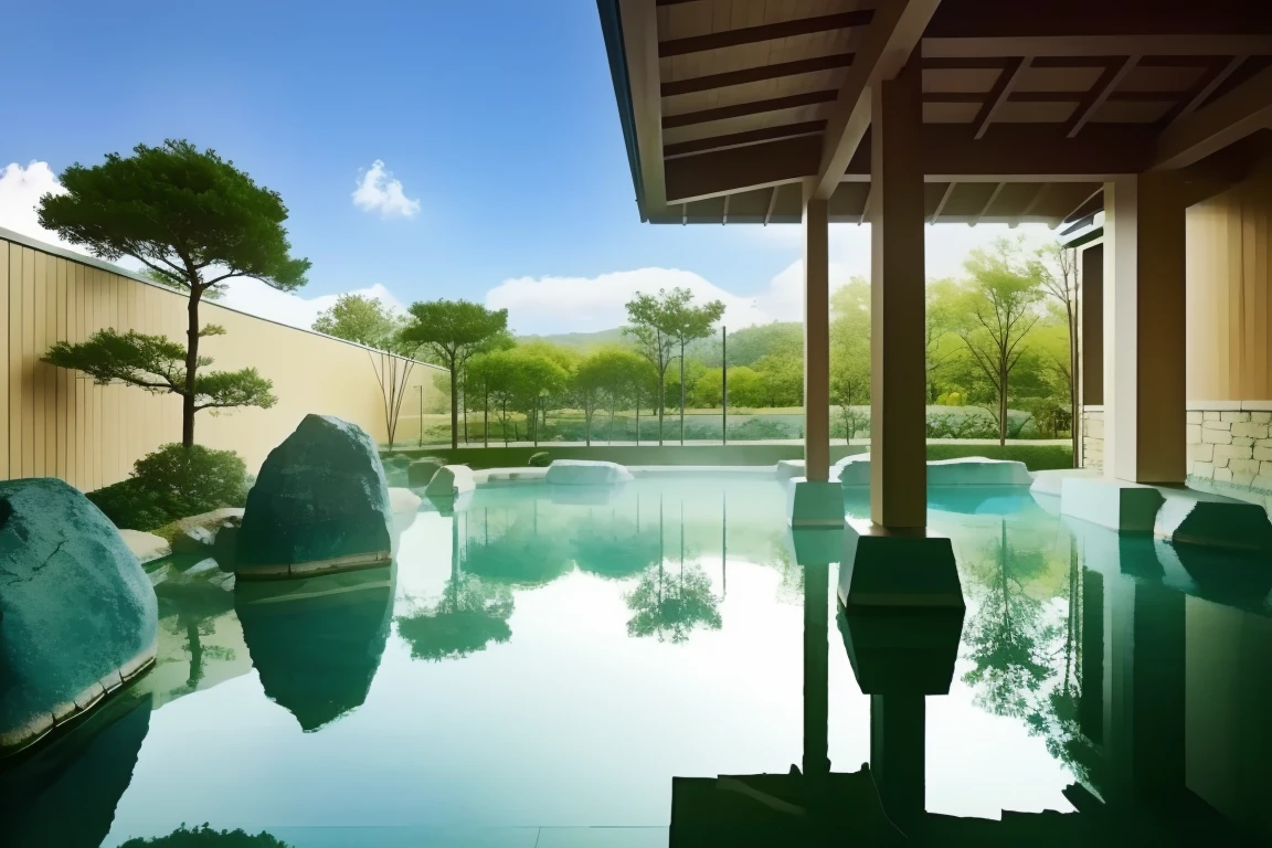 <lora:JJsOnsen:1> , ((onsen)),,ultra realistic, masterpiece, best quality,, scenery, water, tree, no humans, , east asian architecture,outdoors, day, rock, sky, nature, reflection, center composition . steam,cloud,