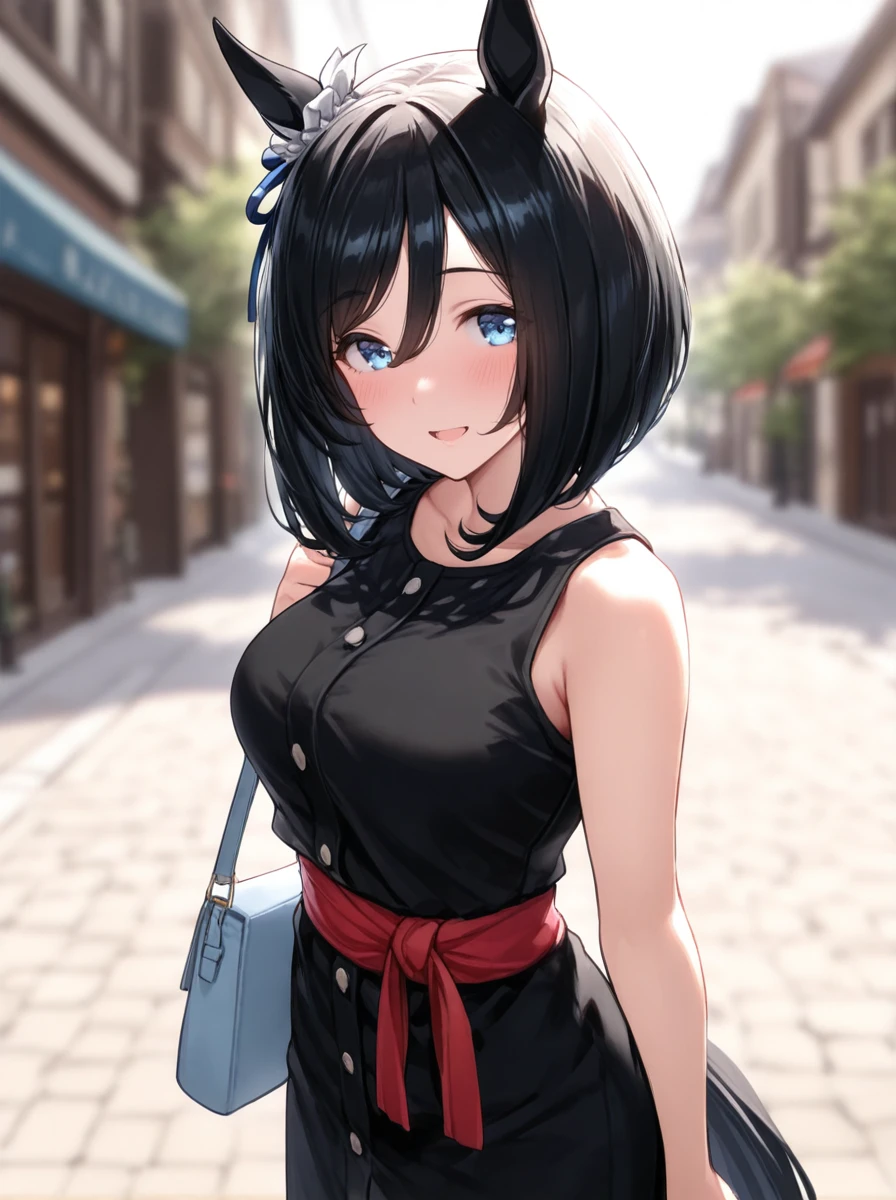 masterpiece, best quality, absurdres,ultra detailed hair,
ishin_flash \(umamusume\), 1girl, horse ears, horse tail, bob cut, blurry, blush, blurry background, shoulder bag, looking at viewer, outdoors, smile, bare shoulders, open mouth, bare arms, depth of field, cowboy shot, casual, sleeveless black dress, single ear ornament, red sash
<lora:ILL_eishin_flash_ver1.0:1>