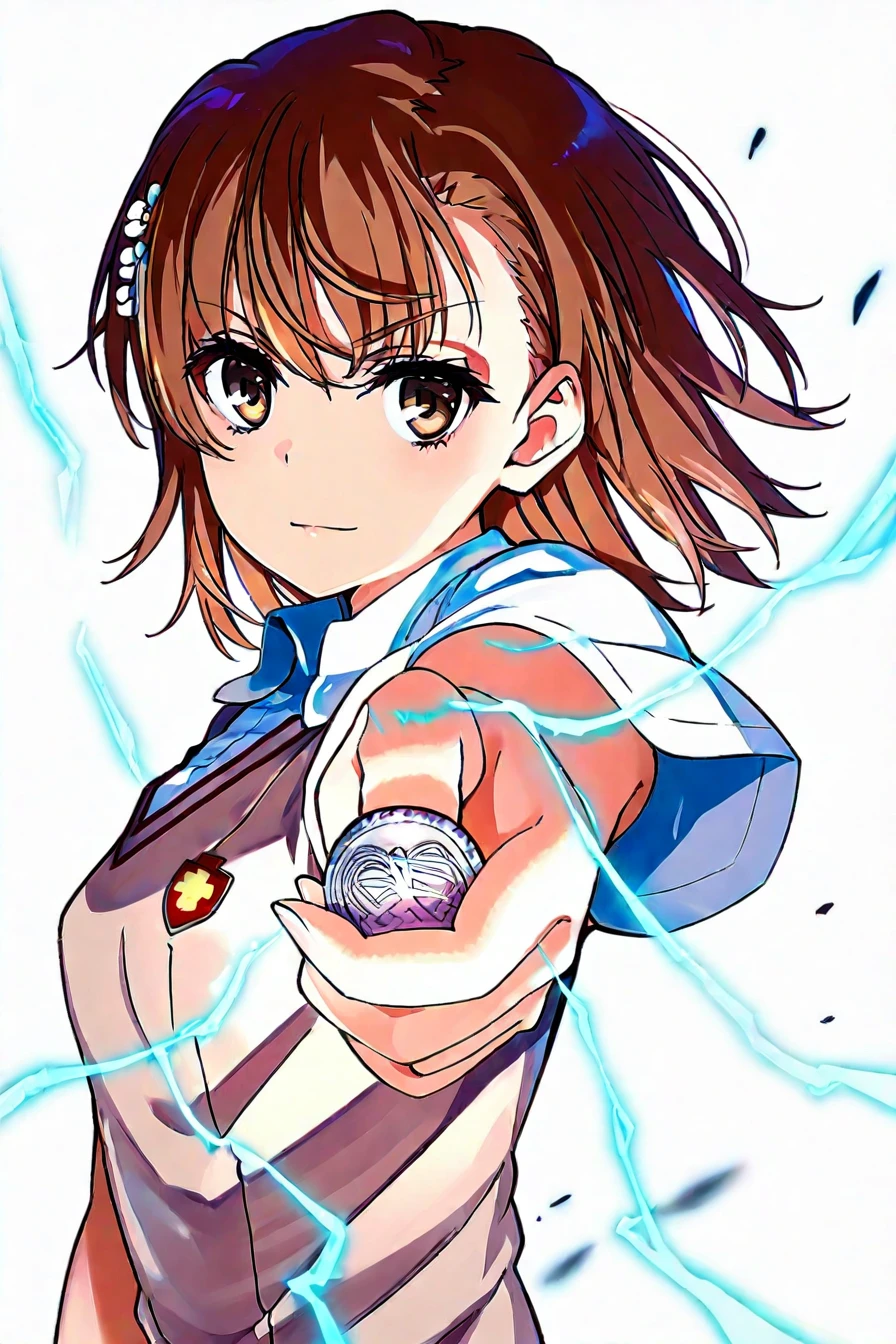mikoto misaka, short hair, brown hair, hair ornament, hair flower, brown eyes, tokiwadai uniform school, 1girl, solo, alone, <lora:railgun_technique_illustriousXL-000015:1>, coin, holding coin, facing viewer, looking at the viewer, electricity, electrokinesis, masterpiece, highres, white background, simple background