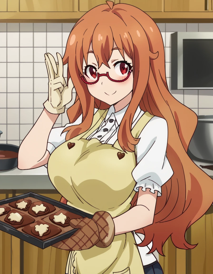 score_9, score_8_up, score_7_up, source_anime, <lora:yumeko-tachibana-s1-ponyxl-lora-nochekaiser:1>, yumeko tachibana, long hair, brown hair, red eyes, glasses, semi-rimless eyewear, red-framed eyewear, large breasts, anime screencap,, <lora:baking-cookies-ponyxl-lora-nochekaiser:1>, baking cookies, looking at viewer, blush, smile, gloves, holding, frills, food, indoors, apron, chocolate, cookie, oven mitts,, , cowboy shot, solo