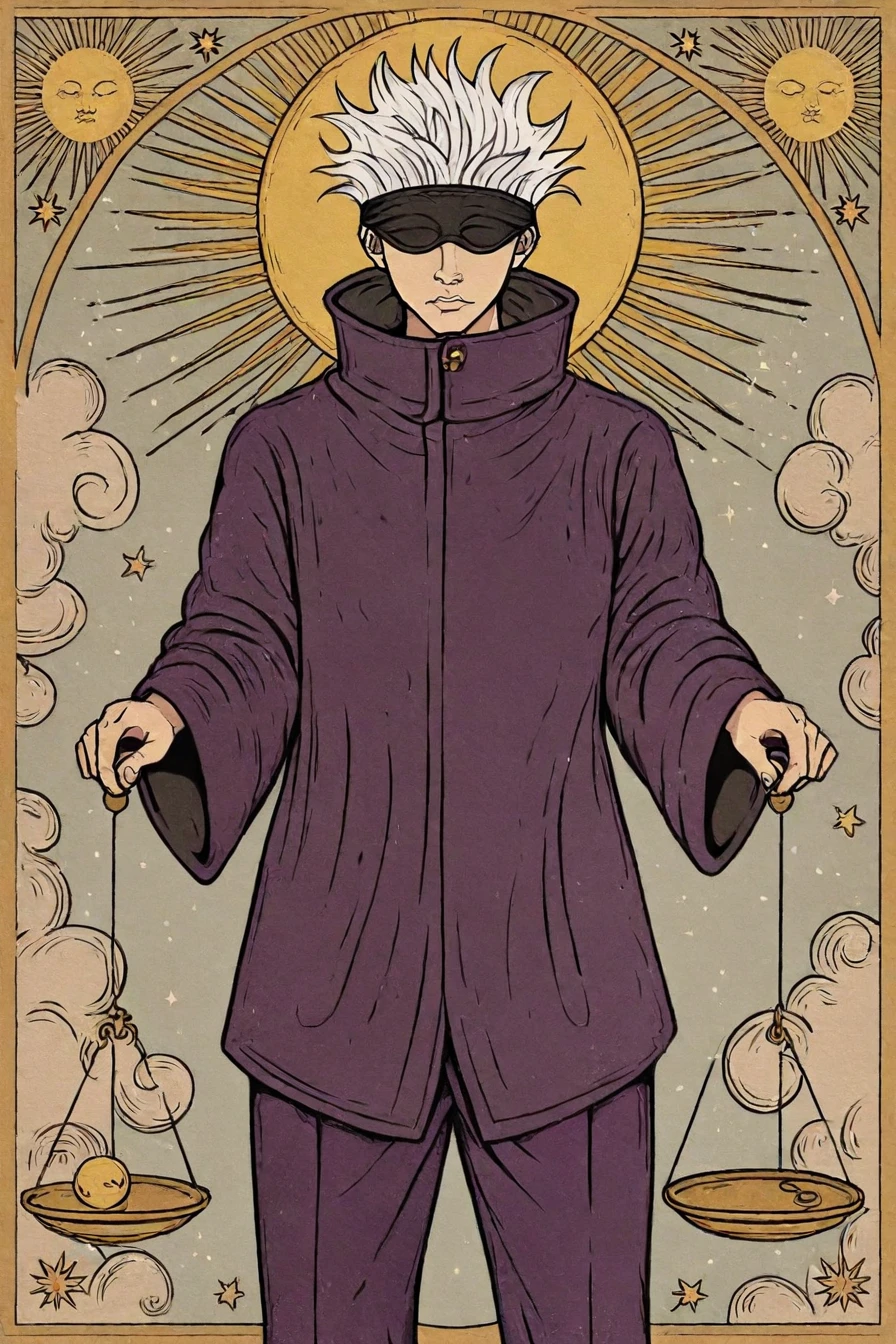 gojou satoru, white hair, purple pants, high collar, blindfold, covered eyes, black blindfold, purple jacket, purple pants, weighing scale, 1boy, solo, alone, sun, skull, <lora:tarot_illustration_style_illustriousXL-000025:1>, tarot_illustration_style, masterpiece, highres