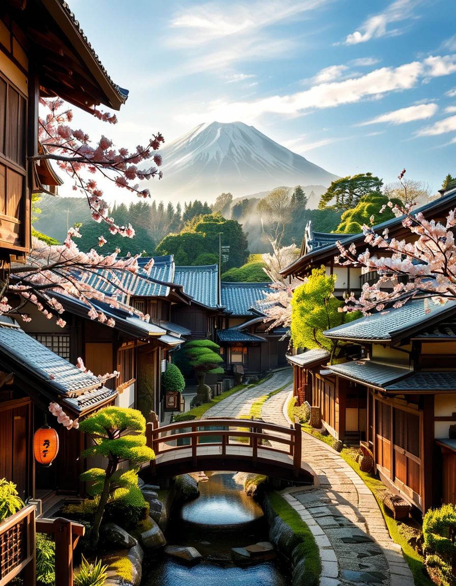 A picturesque traditional Japanese village nestled in a serene valley, surrounded by lush green mountains under a soft morning mist. The village consists of wooden houses with thatched roofs (gassho-zukuri style), showcasing intricate wooden details and sliding paper doors. A narrow stone-paved path winds through the village, leading to a small red torii gate at the entrance of a Shinto shrine. Cherry blossoms in full bloom line the streets, their pink petals gently falling in the breeze. A tranquil river flows through the village, crossed by an old wooden bridge with moss-covered stones. Villagers in traditional kimonos and straw hats go about their daily livesâan elderly man sweeping his porch, a woman carrying a basket of fresh produce, and children playing near a koi pond. The atmosphere is peaceful and nostalgic, with warm sunlight filtering through the trees, casting dappled shadows on the ground. The scene is rich in traditional Japanese aesthetics, evoking a sense of harmony and timeless beauty.
<lora:SDXLFaeTastic2400:0.4> <lora:extremely_detailed:0.4> extremely detailed,<lora:traditional_Japanese_v1ll4g3:1>,traditional Japanese v1ll4g3, Masterpiece,best quality,hi res,8k,hi res,8k,award winning,(sharp focus, intricate, highly detailed),