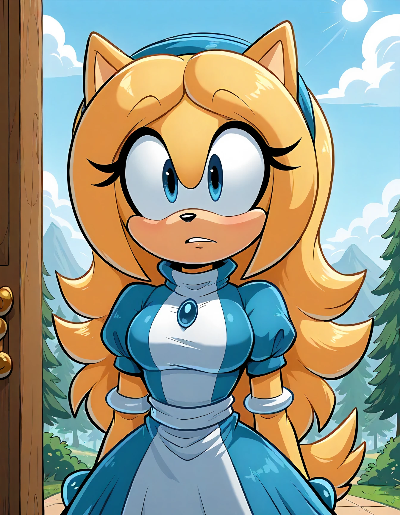 masterpiece, best quality, newest, absurdres, highres, very awa, 1girl, blue dress,, <lora:Maria_Robotnik_Mobian_epoch_2_IL:1>, mariarobotnikfurry, blonde hair, medium breasts,