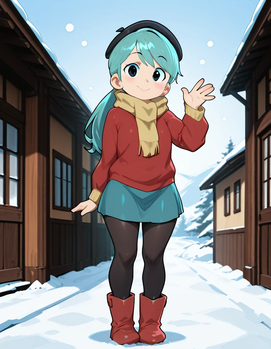 cinematic film still cinematic still boots, black pantyhose, pantyhose, red footwear, looking at viewer, waving, beret, black eyes, smile,aqua hair, skirt,Hilda is outside in the snow,outside ,outdoor <lora:Hilda_Netfelx_Show_1.0:1><lora:NTR_MIX_4.0_LORA:0.4> . anime style, key visual, vibrant, studio anime, highly detailed . shallow depth of field, vignette, highly detailed, high budget, bokeh, . emotional, harmonious, vignette, highly detailed, high budget, bokeh, cinemascope, moody, epic, gorgeous, film grain, grainy . shallow depth of field, vignette, highly detailed, high budget, bokeh, cinemascope, moody, epic, gorgeous, film grain, grainy
