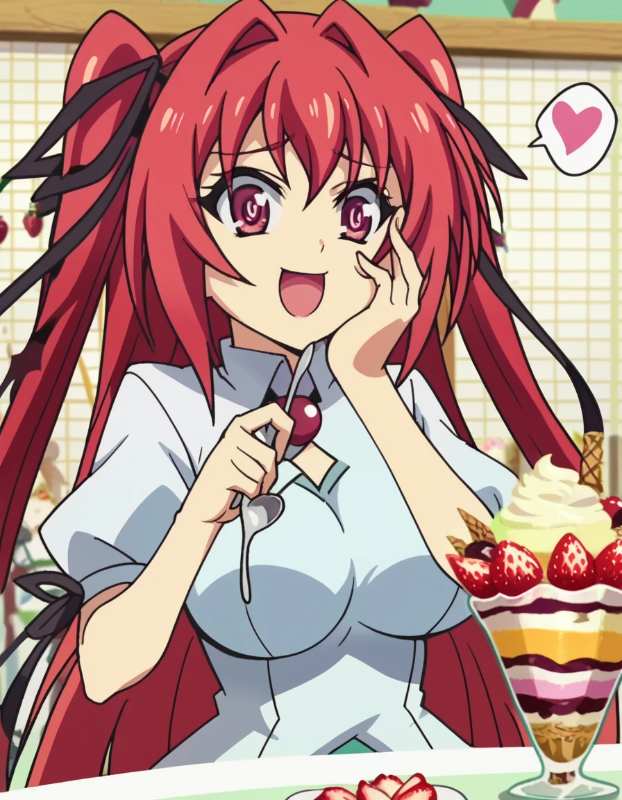 score_9, score_8_up, score_7_up, source_anime, <lora:mio-naruse-s2-ponyxl-lora-nochekaiser:1>, mio naruse, long hair, large breasts, ribbon, twintails, red eyes, hair ribbon, red hair, hair intakes, anime screencap,, <lora:parfait-ponyxl-lora-nochekaiser:1>, parfait, open mouth, heart, food, sparkle, fruit, happy, hand on own face, spoken heart, ice cream, strawberry, spoon, hand on own cheek, cherry, holding spoon,, , cowboy shot, solo