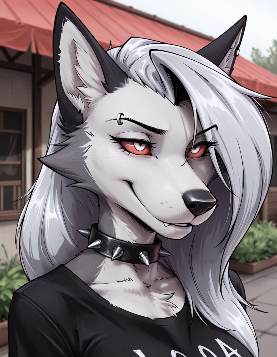 masterpiece, best quality,
outdoors, 
upper body, face focus,  smile, parted lips, long eyelashes,
t-shirt,
<lora:L00na_v01_ILXL:1>,
L00na,1girl,solo,furry female, wolf girl, red eyes, colored sclera, red sclera, grey hair, long hair, bangs, wolf ears, wolf tail, body fur, grey fur, two-tone fur, white fur, spiked collar, snout, animal nose, eyebrow piercing, ear piercing,