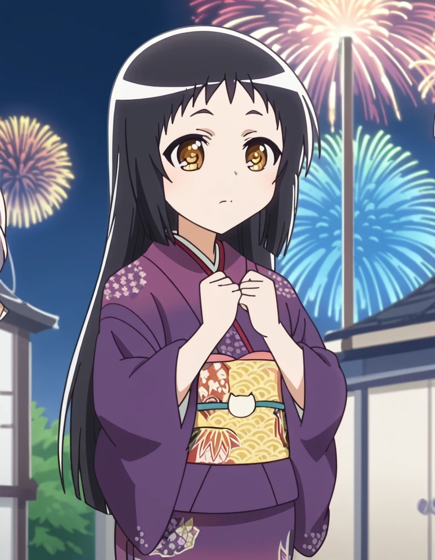 score_9, score_8_up, score_7_up, source_anime, <lora:shirayuki-mitsumine-s1-ponyxl-lora-nochekaiser:1>, shirayuki mitsumine, long hair, black hair, brown eyes, anime screencap,, japanese clothes, kimono, sash, obi, jitome, purple kimono, festival, fireworks, summer night, food stall, traditional, arms up, , hands on own chest,, looking at viewer, solo,, cowboy shot, solo