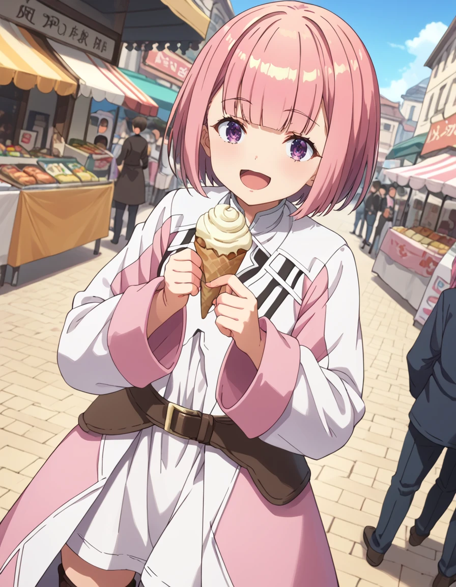 score_9, score_8_up, score_7_up, source_anime, BREAK
1girl, solo, looking at viewer, outdoors, sky, sun, market, isekai, crowd, day, eating crepe, happy, open mouth, villagers, thumbs up,
short hair, pink hair, bob cut, blunt bangs, purple eyes,
white dress, pink coat, long sleeves, wide sleeves, belt, brown thighhighs, cowboy shot, dutch angle, ^_^,
lululi ashford (girumasu),
<lora:lululi_ashford-girumasu_s1-pxl-anime-soralz:1>