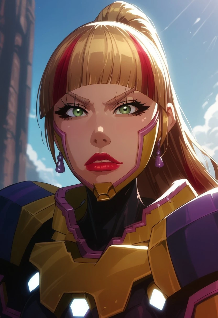 score_9, score_8_up, score_7_up, score_6_up, best quality, masterpiece, depth of field, pretty girl, KK_Anime,
1girl,
solo,
blonde hair,
Long hair,
red streaks,
ponytail,
earrings,
green eyes,
red lips,
mecha bodysuit,
medium breasts,
dynamic pose, arrogant smirk, powerful woman, horny, standing, sexy pose, close up,
