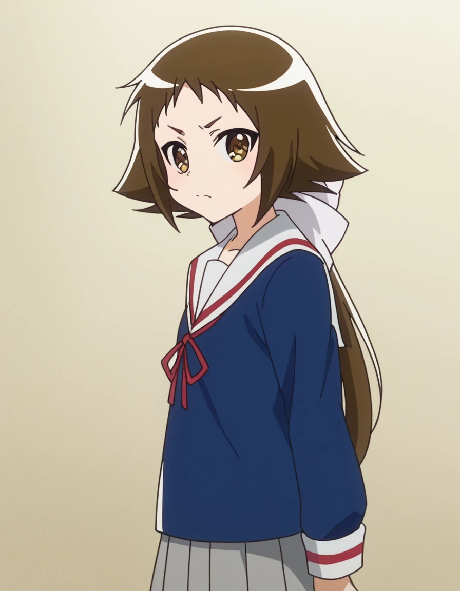 score_9, score_8_up, score_7_up, source_anime, <lora:mashiro-mitsumine-s1-ponyxl-lora-nochekaiser:1>, mashiro mitsumine, long hair, brown hair, bow, brown eyes, ponytail, hair bow, anime screencap,, skirt, school uniform, serafuku, blue shirt, white sailor collar, ribbon, grey skirt, pleated skirt,, museum, art exhibit, paintings, observing, quiet contemplation, cultural experience, , from side, looking at viewer, solo,, cowboy shot, solo