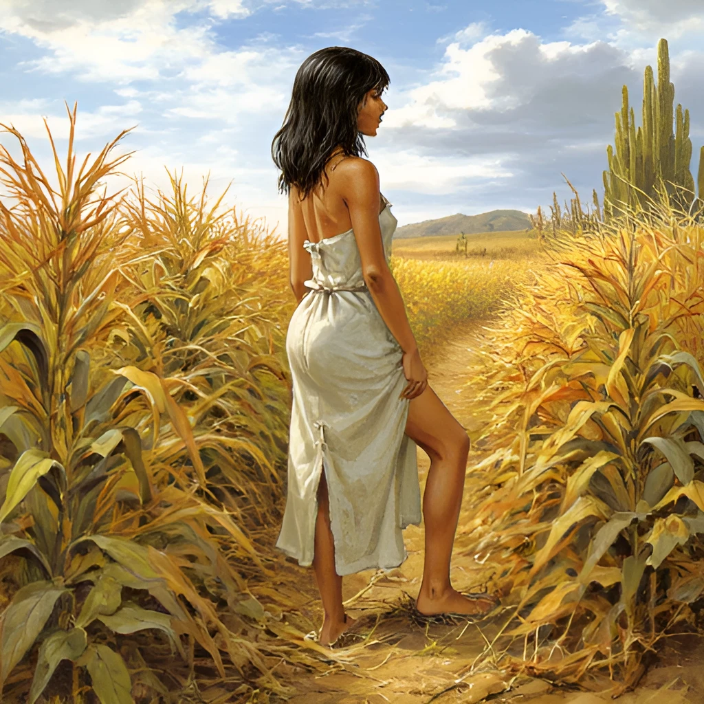 A woman walking in a cornfield, with fantasy elements like mythical creatures, magical lighting, and a whimsical atmosphere.