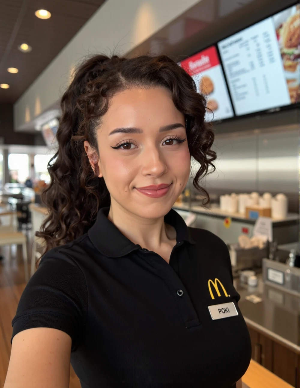 close-up headshot portrait shot on Fujifilm XT-50 of poki woman standing behind the counter of a McDonalds wearing a McDonalds worker's uniform <lora:SkinDetails_flux_lora_v8:.55> <lora:flux_realism_lora:.75> <lora:Hand v2:1> pokimane, the woman has plump lips with shiny lipgloss, the woman has a bright grin on her face, dark eyeliner, young adult woman in her mid 20's, facing the viewer straight on and making eye contact with the viewer, the woman has smooth skin and no wrinkles on her face, the woman has brunette relaxed curls layered hair <lora:poki:.95> Moroccan woman, curly hair in a ponytail, blurred background, silver nametag with the word "POKI" embossed on it, wearing a black polo with a small embroidered yellow McDonald's golden arches logo on the left chest area.