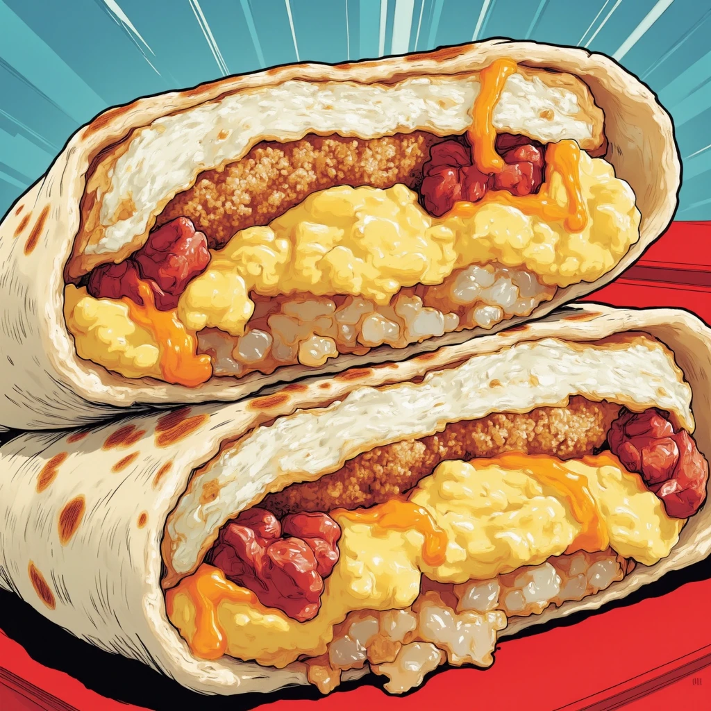 ff-comic, an open breakfast crunchwrap with cross section of layered ingredients, fillings of crispy hash brown and pieces of bacon and fluffy scrambled eggs with melted cheddar cheese inside a folded grilled toasted tortilla depicted in a comic book art style,<lora:Taco_Bell_Breakfast_Crunchwrap.safetensors:1.0:1.0> <lora:Comicbook_Flux-000013.safetensors:1:1>