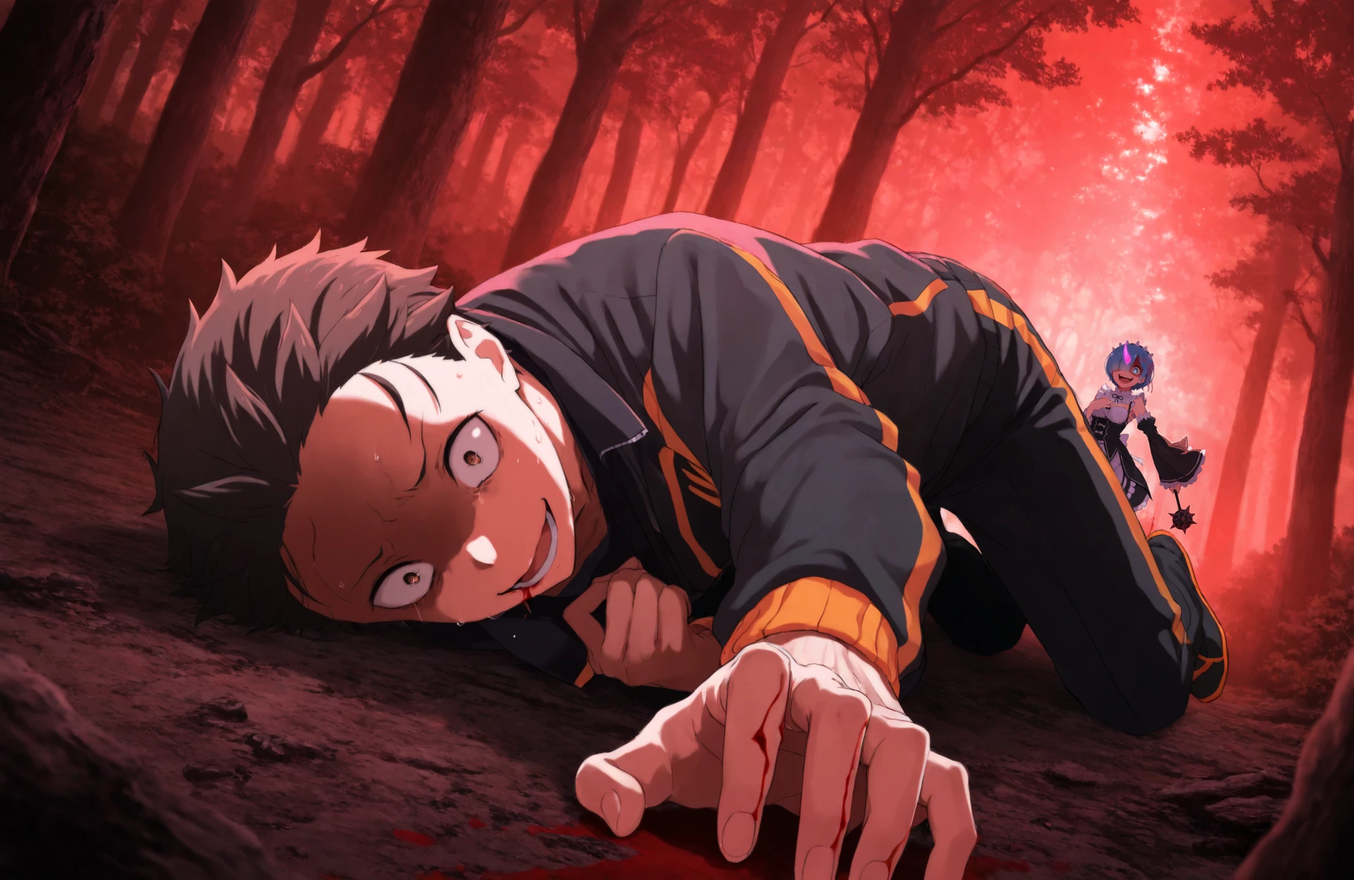 masterpiece, best quality, absurdres, creative angle, red lighting, 1girl, rem \(re:zero\), crazy smile, blue eye, walking, holding spiked mace, purple demon horn, red lighting, 1boy, natsuki subaru, brown hair, brown eyes, black shirt, facing viewer, full body, lying, hand on own chest, bleeding, forest, crawling, scared, shaded face, outstretched arm, <lora:Creative-Angle_v2_NAIXL:0.7>
