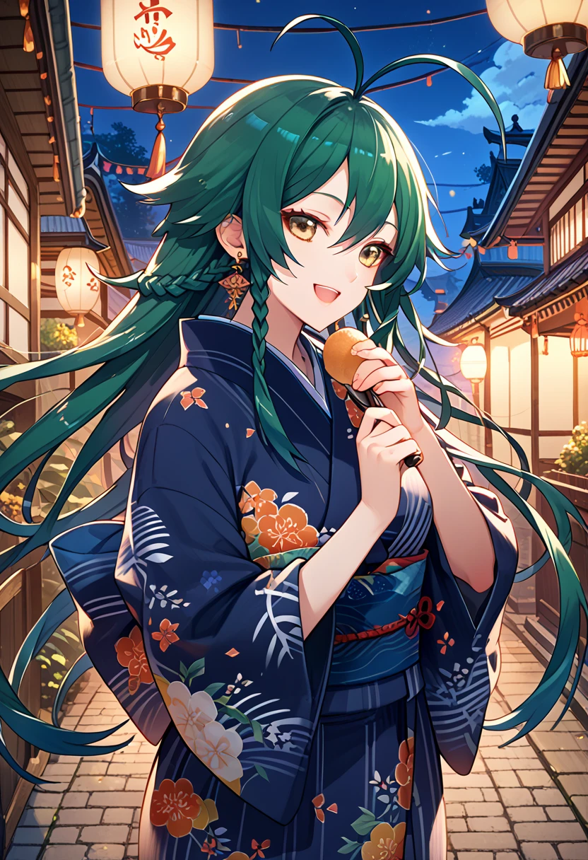 (Tropical hotel style), (relax pose), (solo:2, 15 yo), (beautiful detailed ponytail green hair long hair) (best beauty girl) (beautiful sexy yellow eyes) (cute smile) (glossy lip, love smile), (medium tits), in a cute kimono, break, in the Resort hotels in Okinawa, background beautiful ocean and night ski, BREAK, 16K, masterpiece, best quality.