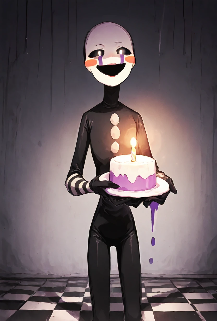 <lora:puppet-10:1> puppet, solo, mask, black bodysuit, smile, open mouth, blush stickers, striped, purple tear streaks, small eyes, no pupils, black empty sockets, black sclera, , dark scene, shadows, appearing from shadows, glowing pupils <lora:Murals_IL:1> mur4ls, sketch, holding cake, birthday cake, balloons, checkered floor, no light source, birthday candle is the light source, masterpiece, best quality, amazing quality, very aesthetic, absurdres, newest,