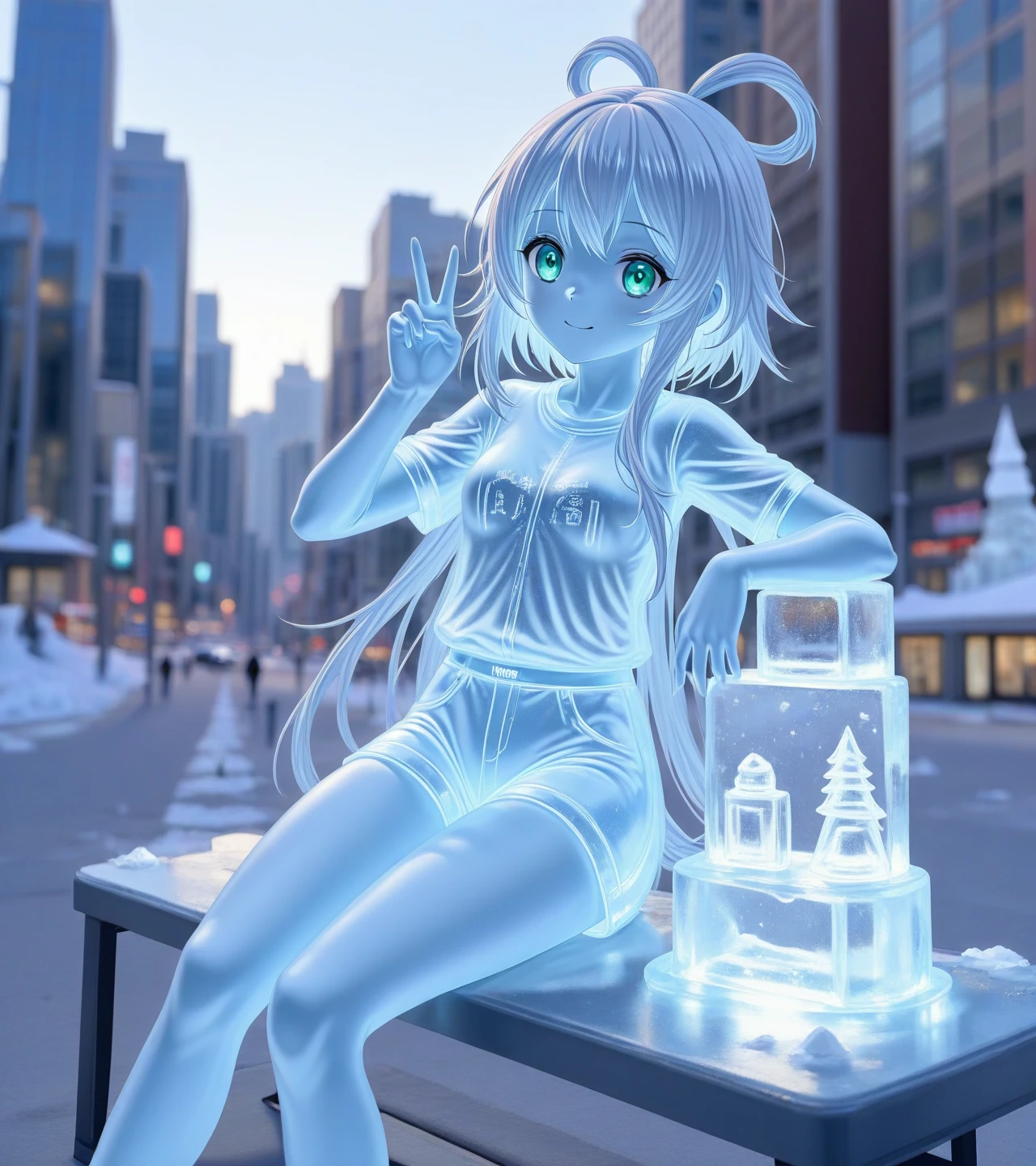 ice sculpture,1girl,masterpiece,best quality,beautiful,city,center park,ice shirt,ice shorts,ice figure,luo tianyi,ice skin,sitting on bench,v,smile