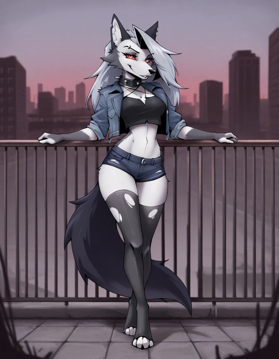 masterpiece, best quality,
outdoors,city,
full body,seductive smile,parted lips,long eyelashes,
standing, posing,
denim shorts, torn thighhighs, crop top, denim jacket,
<lora:L00na_v01_ILXL:1>,
L00na,1girl,solo,furry female,wolf girl,red eyes,colored sclera,red sclera,grey hair,long hair,bangs,wolf ears,wolf tail,body fur,grey fur,two-tone fur,white fur,spiked collar,snout,animal nose,eyebrow piercing,ear piercing,