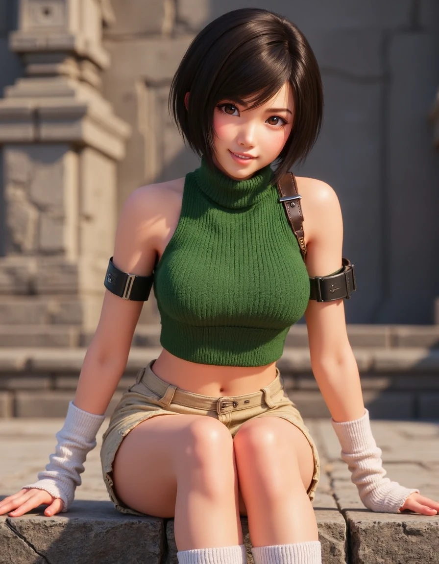 a beautiful female <lora:yuffie:1>, wearing a sleeveless green top with a turtleneck collar, tanned shorts, white knee high socks, hair in a short bob, playful pose, smiling, unreal 5, close up, sitting on a ruined temple wall,