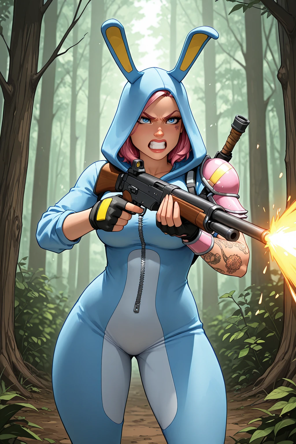 masterpiece, good quality, best quality, very awa, very as2, absurdres, highres,
<lora:Bunny Brawler PennyilluLoRA:1>bnnybrwlpnny, short hair, animal hood, onesie, shoulder straps, single shoulder armor, zipper, fingerless gloves, single long sleeve, tattoo, single bracer, in a forest, holding rifle, angry, firing, fighting<lora:Michael Turner Marc SylvestriStyleIlluLYCO:1> mtms, teeth, cowboy shot, fighting pose