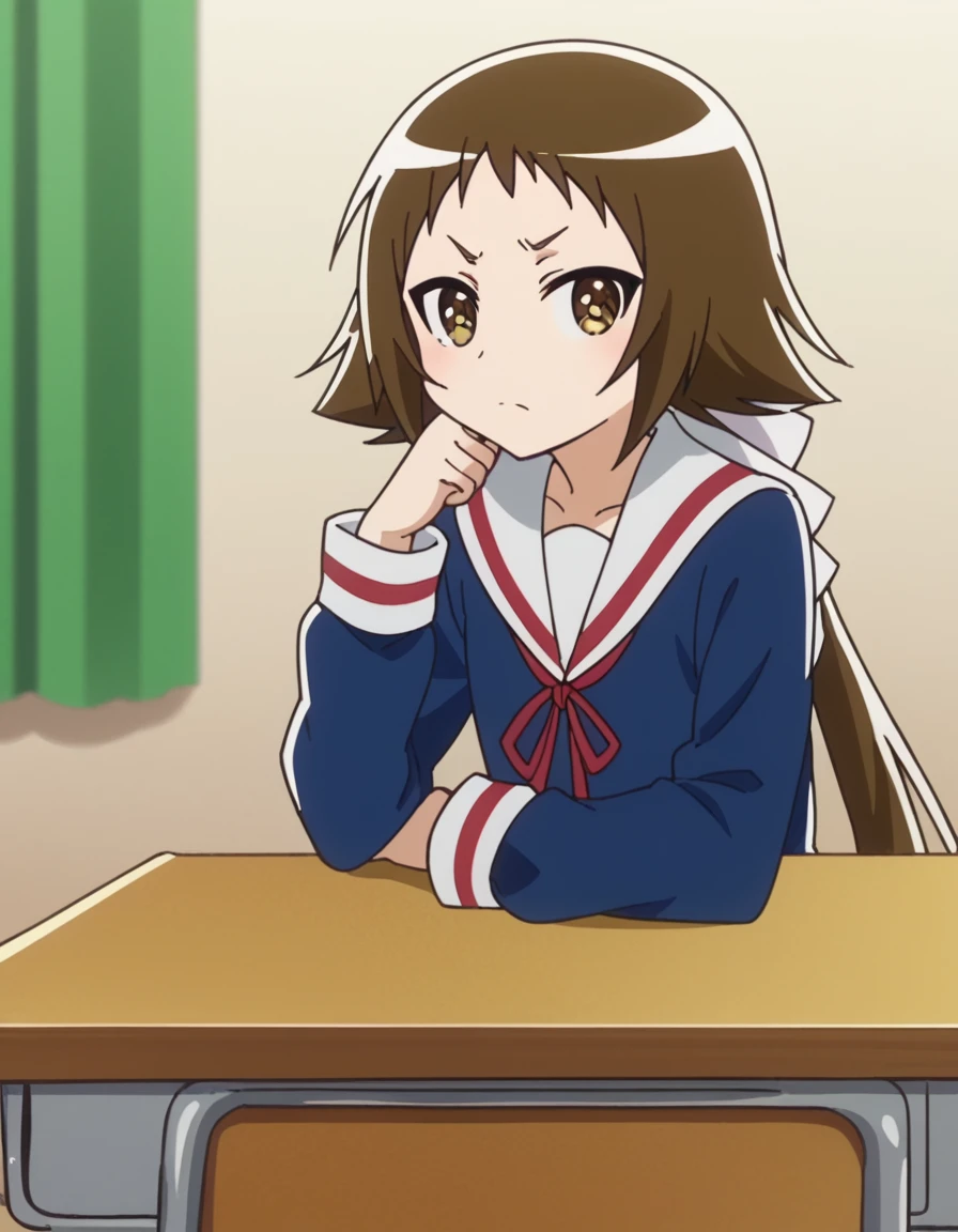 score_9, score_8_up, score_7_up, source_anime, <lora:mashiro-mitsumine-s1-ponyxl-lora-nochekaiser:1>, mashiro mitsumine, long hair, brown hair, bow, brown eyes, ponytail, hair bow, anime screencap,, skirt, school uniform, serafuku, blue shirt, white sailor collar, ribbon, grey skirt, pleated skirt,, hotel room, bed, desk, mini fridge, room service, , sitting, elbow rest, table,, looking at viewer, solo,, cowboy shot, solo