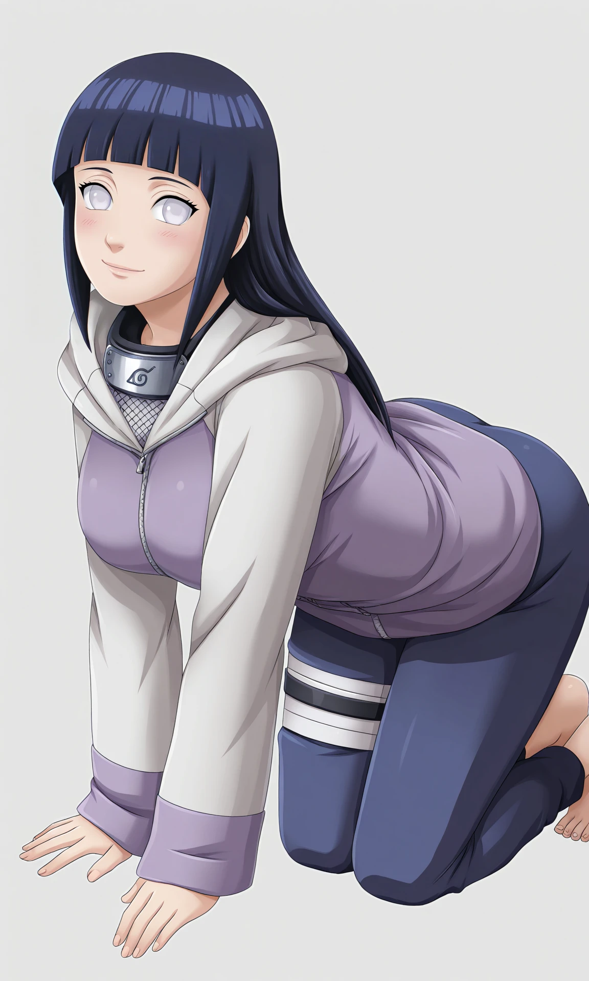 masterpiece, best quality,
game cg, game screencap,
all fours, barefoot,
hntns, 1girl, solo, white eyes, looking at viewer,
konohagakure symbol, forehead protector, long hair, blunt bangs, sidelocks, straight hair, breasts,
hoodie, long sleeves,blue pants, bandaged leg,
blush, smile,,
simple background, white background,
<lora:Naruto_Hinata_NS_v2_NAIXL:1>