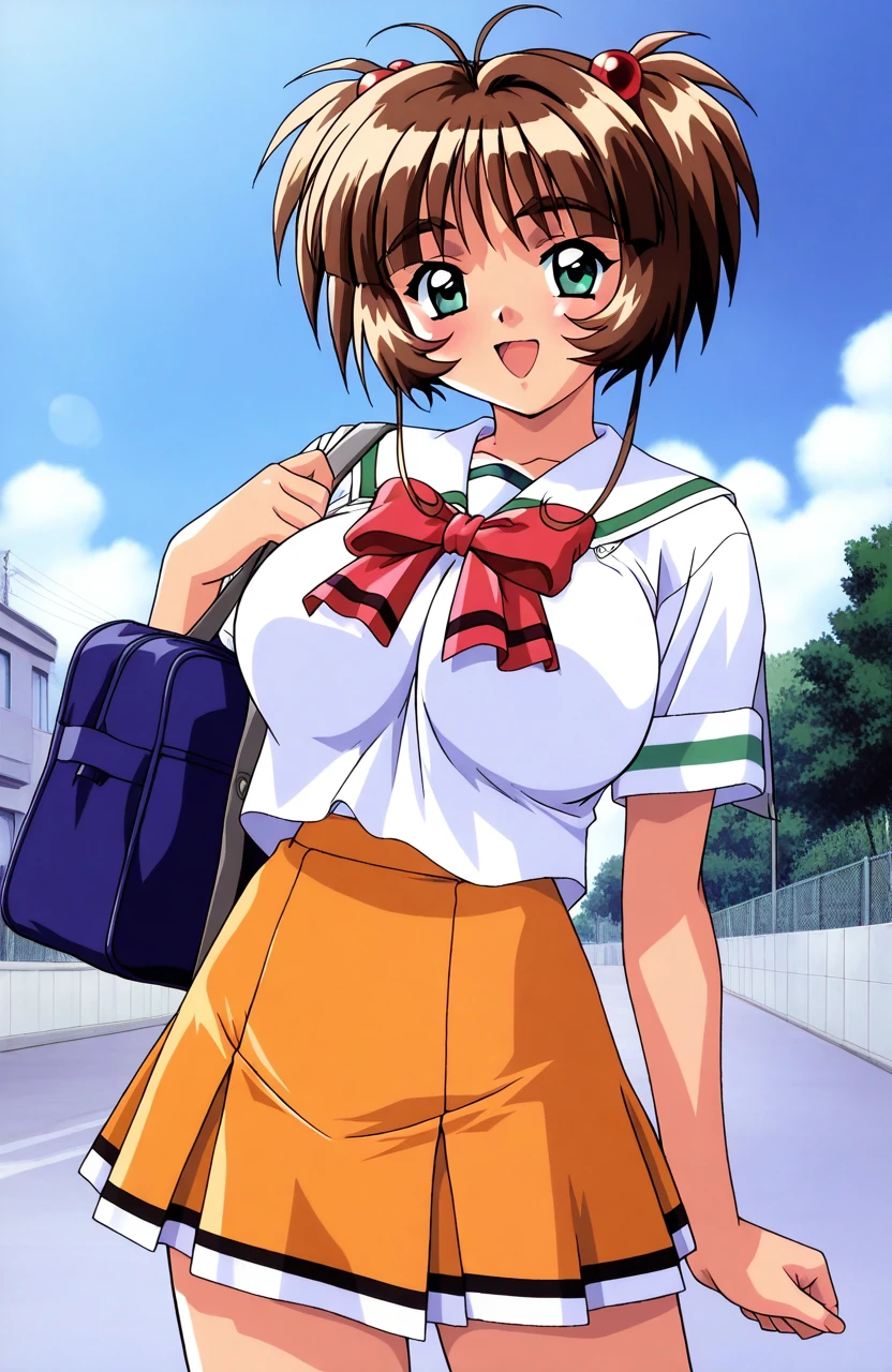 general,highres, ultra-detailed,very aesthetic,best quality ,best hands, BREAK <lora:Ichimonji_Akane_Tokimeki_Memorial2_IS:1>Ichimonji_Akane(Tokimeki_Memorial2),1girl, solo, brown hair, green eyes, short hair,
huge breasts, bangs, shiny hair, sidelocks, 2000s (style),
school uniform, skirt, bag, open mouth, smile, short sleeves, bow, school bag, shirt, white shirt, serafuku,
red bow, pleated skirt, kinomoto sakura, orange skirt, twintails, yellow skirt,
blue sky, day, asphalt,