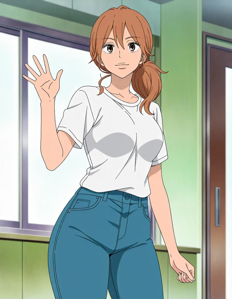 1girl, solo, yano ayane, kimi ni todoke, general, smile, waving, medium hair, ponytail, brown hair, brown eyes, lips, white shirt, jeans, medium breasts, thick thighs, medium breasts, thick thighs, indoors, anime coloring, anime screenshot, masterpiece, highres, absurdres, very aesthetic, newest, best quality, good quality