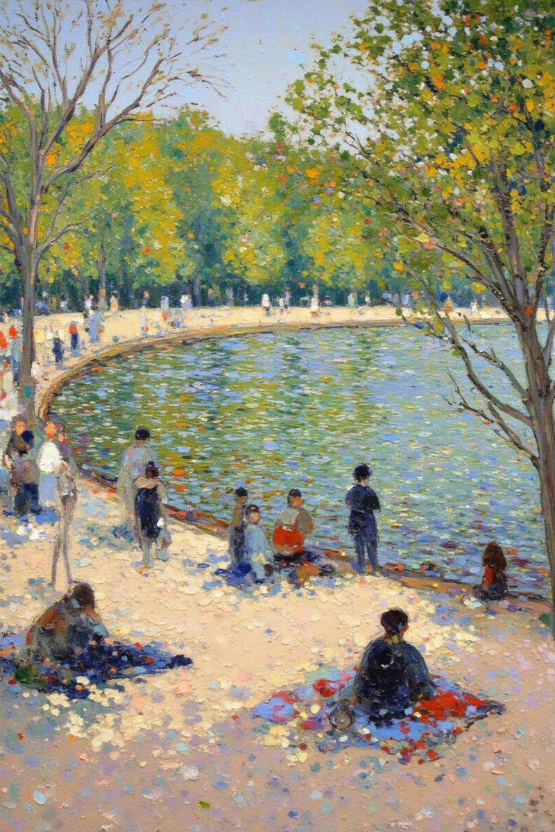 Impressionist_Style,This is a vibrant,impressionistic painting by Claude Monet,depicting a bustling riverside scene with people picnicking,boating,and walking along the Seine in Paris. The painting features a mix of colorful,blurred brushstrokes capturing the lively atmosphere,
impressionistic style,Loose Brushwork,Impasto,Capturing Light and Atmosphere,Optical Mixing,impressionistic painting,Oil Painting,The brushstrokes are bold and textured,creating a dynamic lively scene,by Claude Monet,by Renoir,by Edgar Degas,by Camille Pissarro,