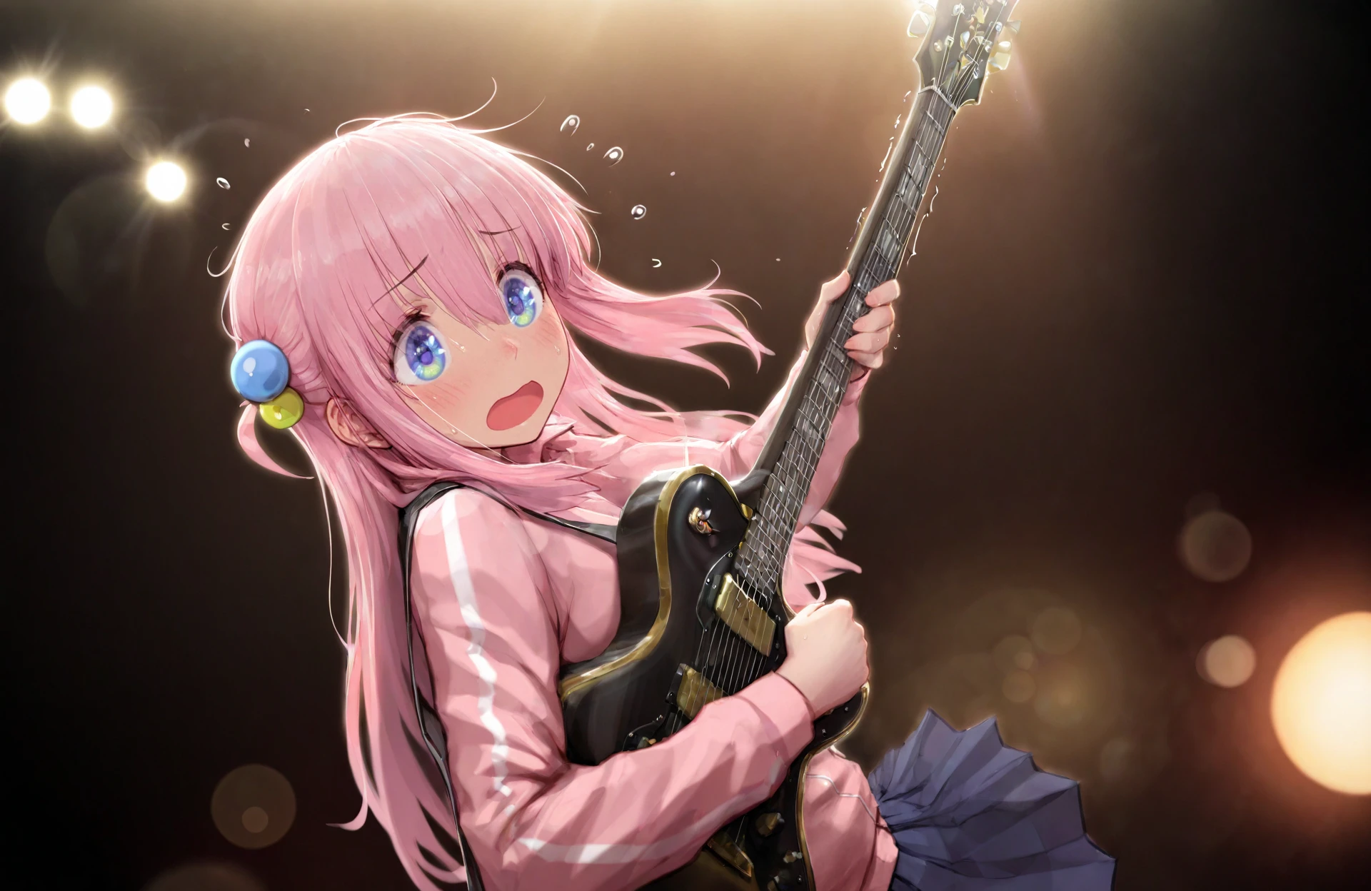 1girl, bangs, blue skirt, blush, electric guitar, eyebrows visible through hair, flying sweatdrops, full moon, guitar, hair between eyes, hair ornament, holding, holding instrument, instrument, jacket, lens flare, long hair, long sleeves, moon, night, open mouth, pink hair, pink jacket, playing instrument, pleated skirt, skirt, sky, solo, sun, sweat, cinematic still, emotional, harmonious, vignette, highly detailed, high budget, bokeh, cinemascope, moody, epic, gorgeous, film grain, grainy